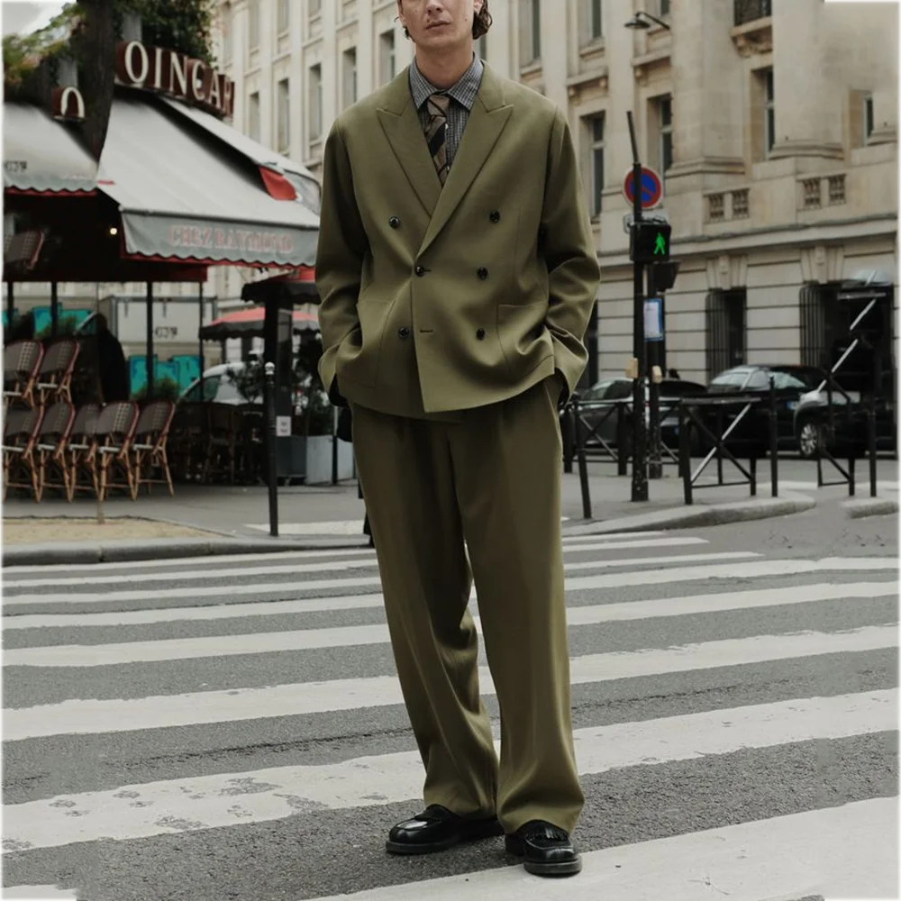 

England Style Men's Suit Double Breasted Chic Casual Outfit Adult Men Costume Peaked Lapel Prom Party Daily Set Two Pieces