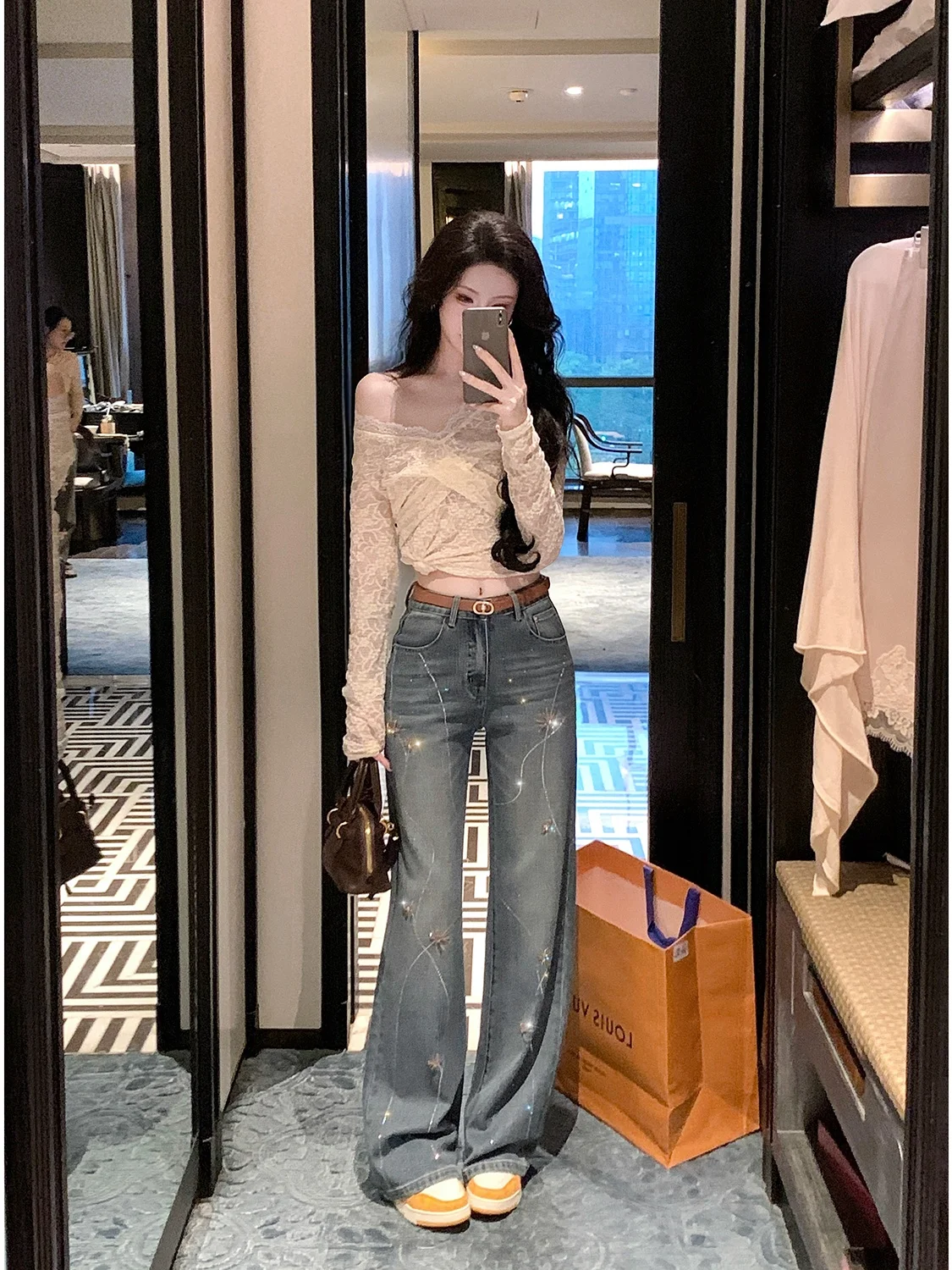Syqiao Glowing Firework Pants Women's Loose Wide Leg Denim Jeans Heavy Embellishment Drill Autumn Winter New Style Casual Fas...