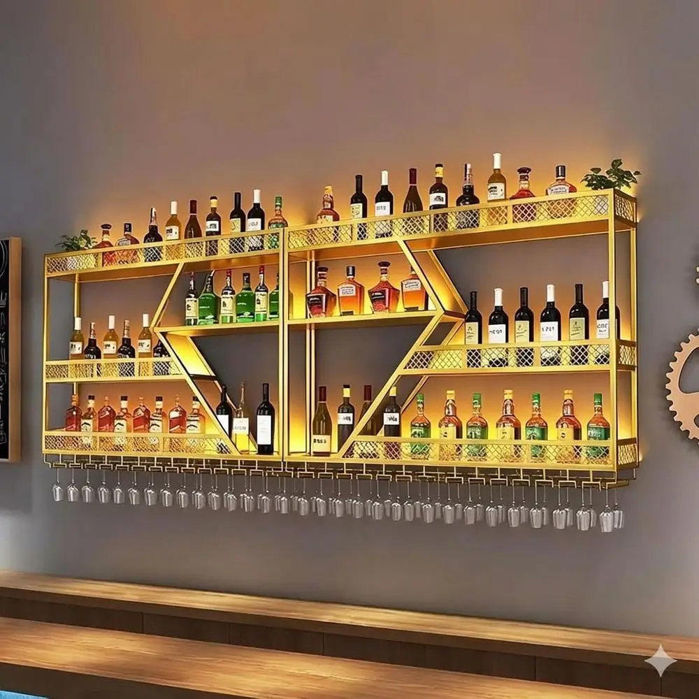 

Настенная полка для алкоголя в индустриальном стиле с LED-подсветкой и держателем для бокалов для дома и кухни