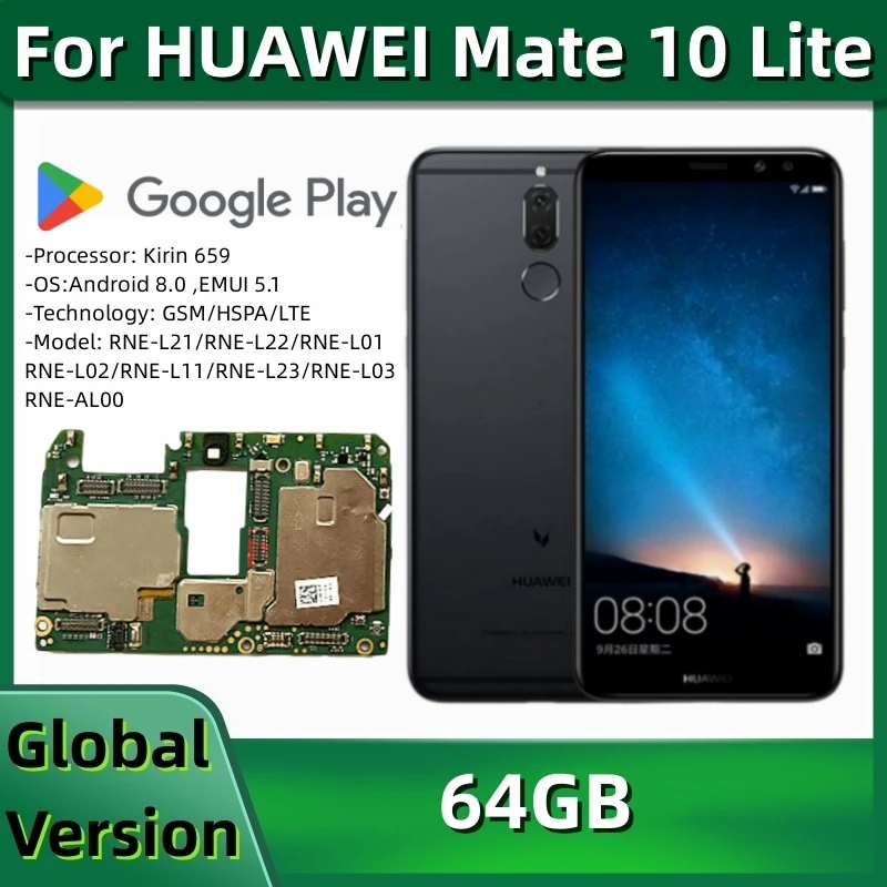 Mainboard for HUAWEI Mate 10 Lite, RNE-L22, Original Motherboard PCB Module, 64GB Global ROM, Google Playstore Installed