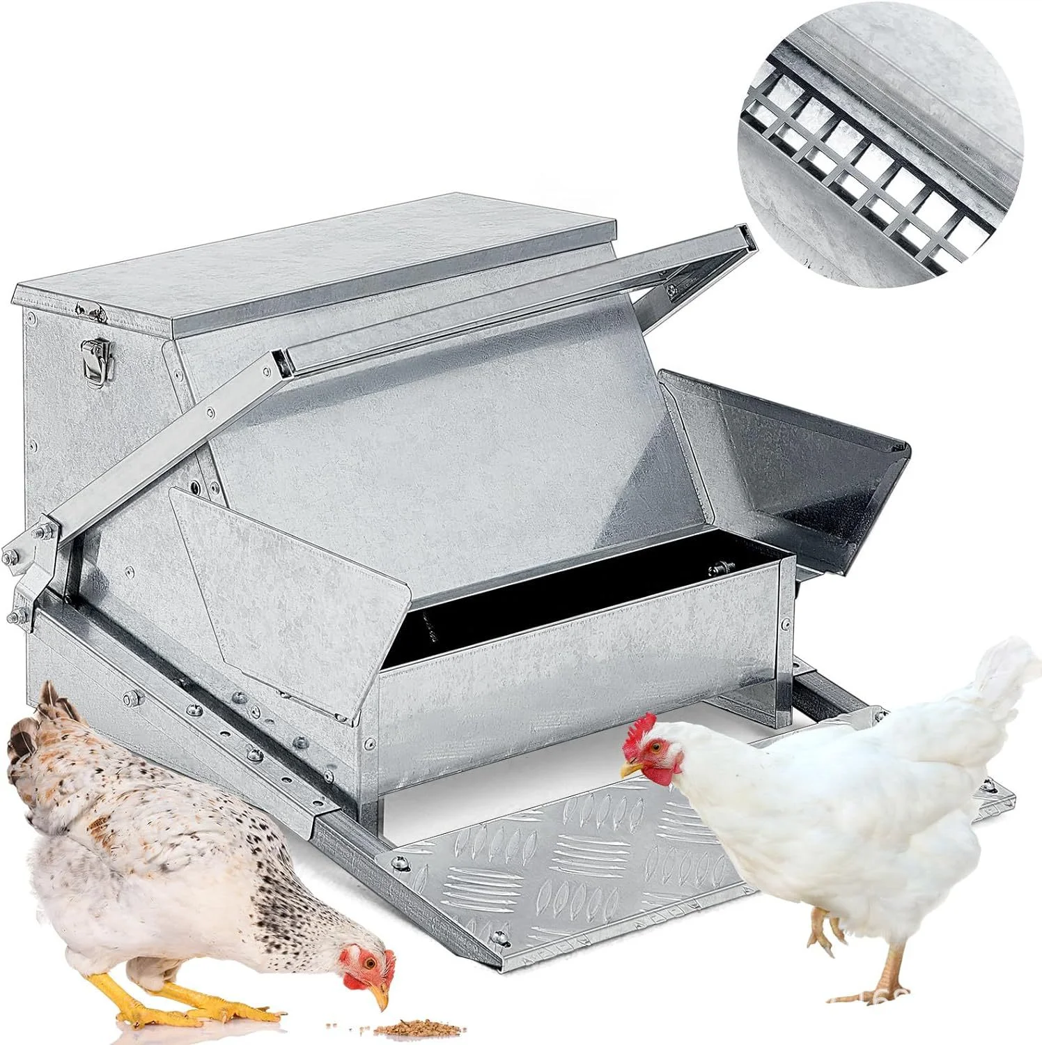 

Pet Feeder Automatic Chicken Feeder Large Capacity No Waste Poultry Feeder Galvanized Steel Chicken Treadle Feed