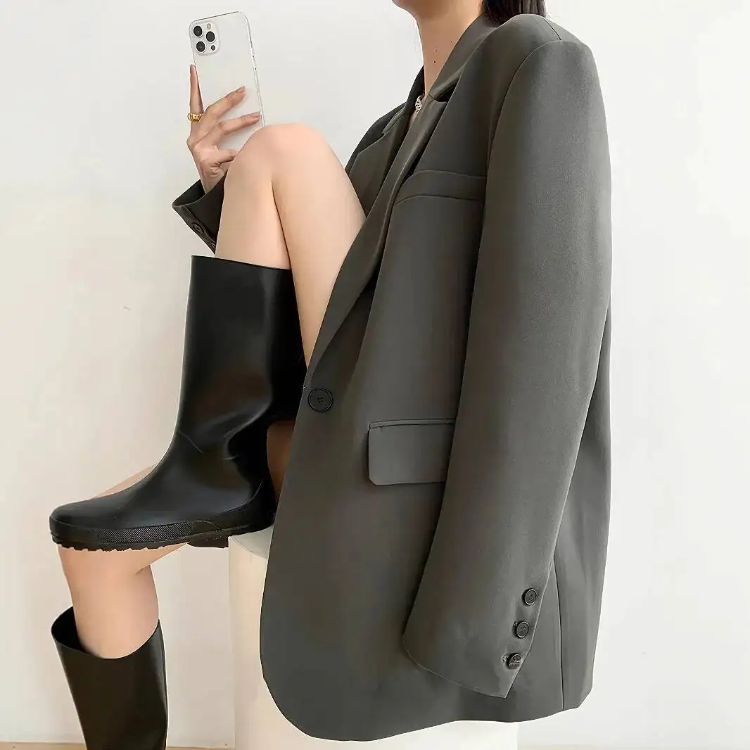 

Fashionable Loose Women's Suiting Jacket Elegant Style Spring Autumn High Quality Polyester Fiber Regular Sleeve Flip Collar