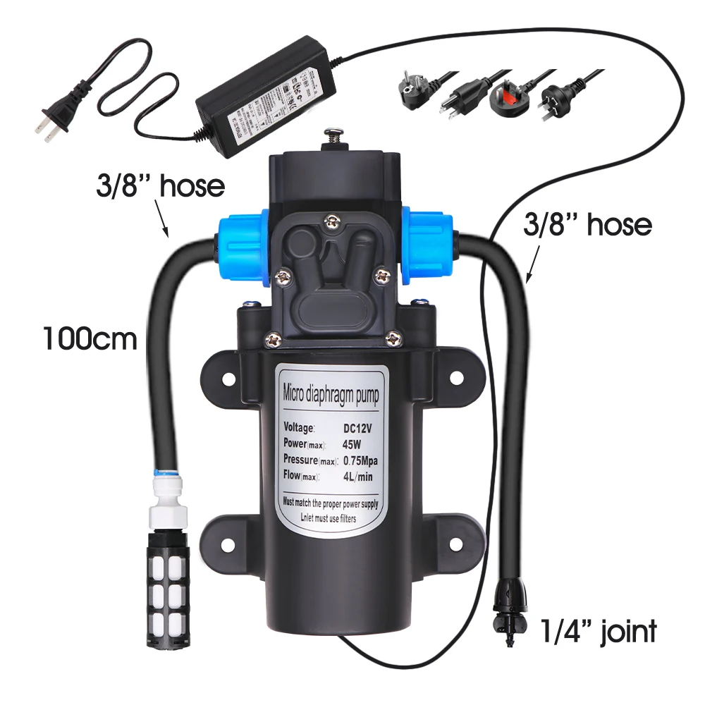 45W 60W 80W 100W Self-priming Pump w/ 110-240V Power Supply Filter Hose Kit Water Pressure Diaphragm Pump for Irrigation Cooling