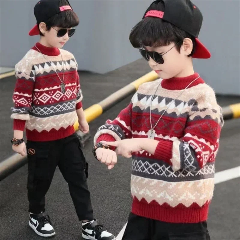 Boys Sweater Wool Coat Kids Tops Knitting 2024 Printed Spring Autumn Plus Thicken Cottons Pullover Teenagers Children's Clothing