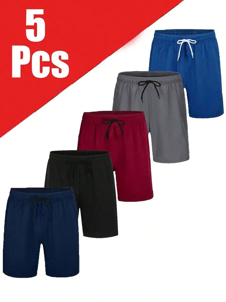 

5 Pcs Mens Quick Dry Sports Shorts Set Casual Knitted Fabric With Pockets For Gym Hiking Running Basketball Beach Outdoor