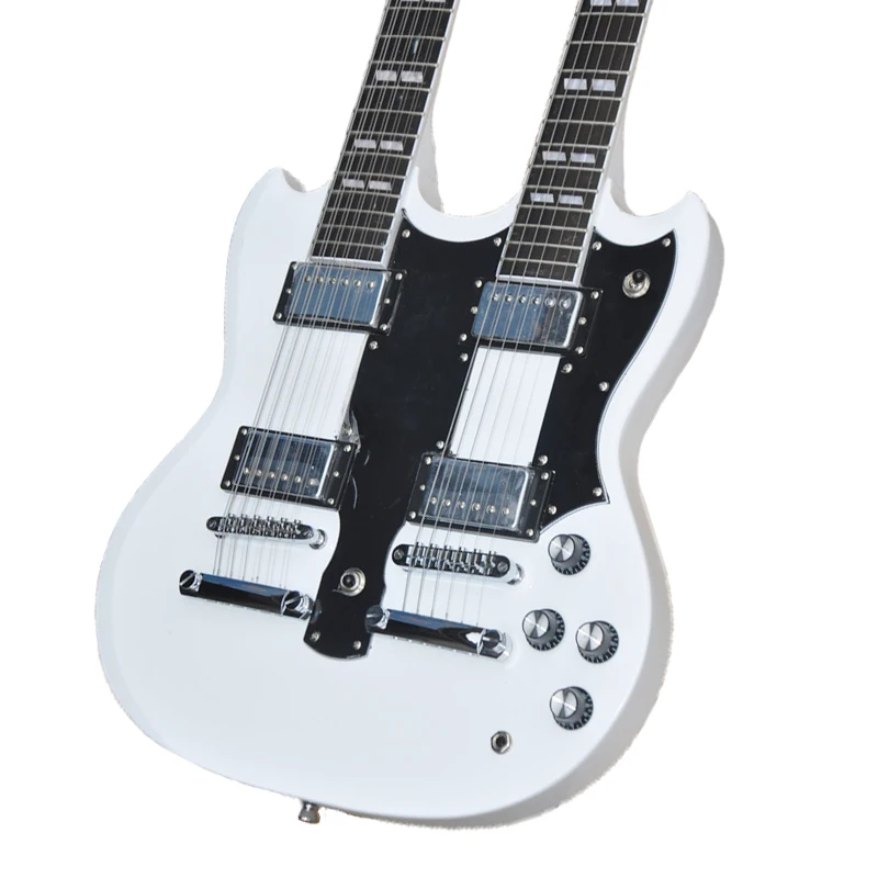 Double Head Double Neck 12-string Complex + 6-string Lead Electric Guitar White Mahogany OIATTAR-8021