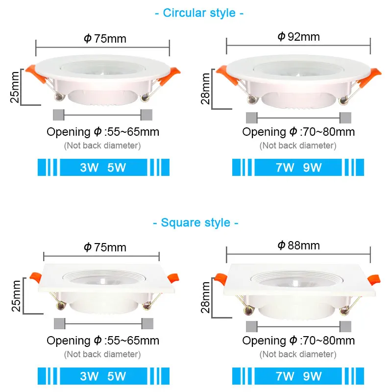 Iluminação interior, 5W, 7W, 9W, 12W, 3W, Ângulo, AC 220V, 110V, Luz de teto ajustável, Refletores de cor branca, Lâmpada rotativa, PCes 10