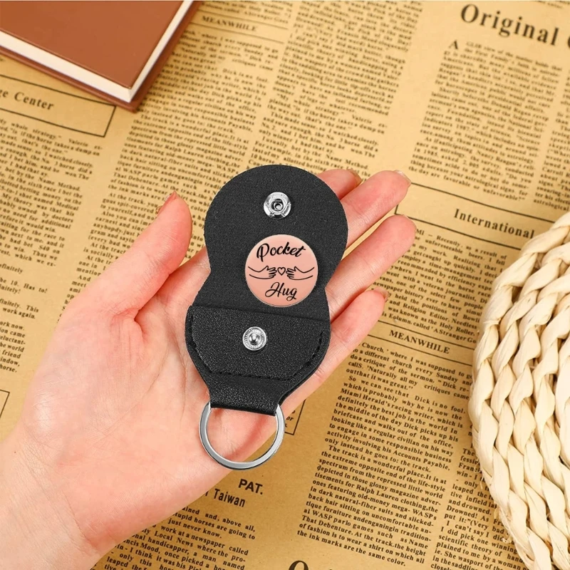 Pocket Hug  keychain Stainless Steel Double Sided Tokens with PU Leather Keychains Relationship Keepsake Gift Y08E