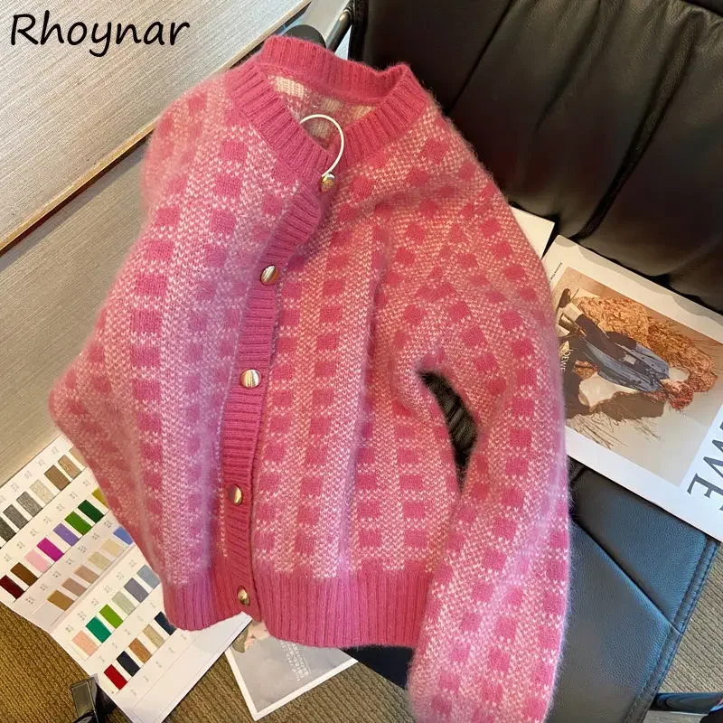 

Cardigan Women Sweet Lovely Plaid O-neck Stretchy Popular Korean Style Spring Casual Trendy Design Cozy Кардиган Женский Retro