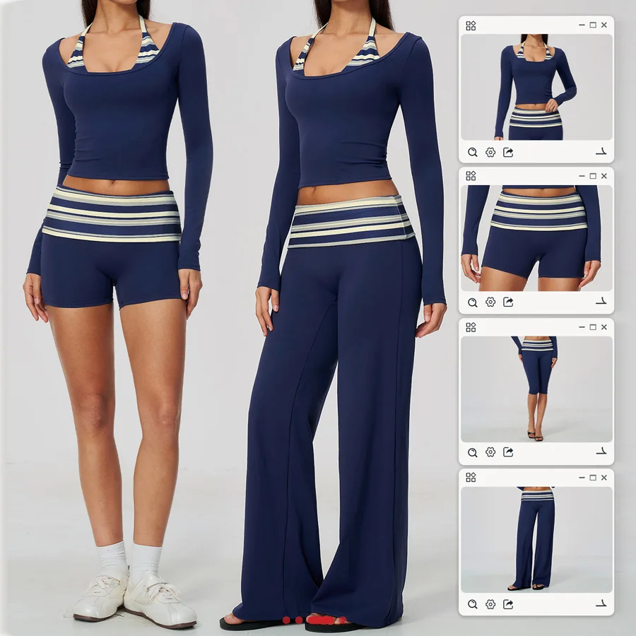 2-teiliges Yoga-Set, Damen-Trainingsanzug, modisches, gestreiftes Workout-Set, Gym-Shorts, Outfit, hochtailliert, Po-Lifting, lange Ärmel, Yoga-Kleidung – Detail 1