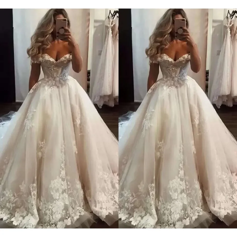 

Gorgeous Wedding Dresses Bridal Gown Off The Shoulder Applique Sweep Train Custom Made Party Gowns Plus Size Vestido De Novia