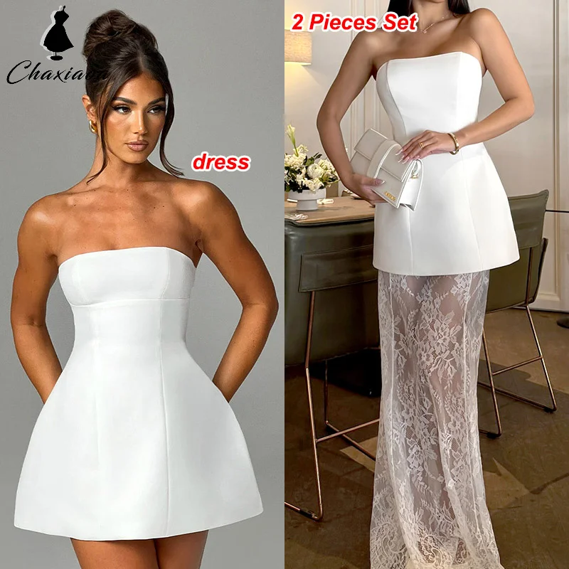 

Sleeveless Backless Strapless Slim Fit Short Dress Sexy Strap Vest High Waist Splice Long Skirt Ladies Slim Banquet 2 Pieces Set