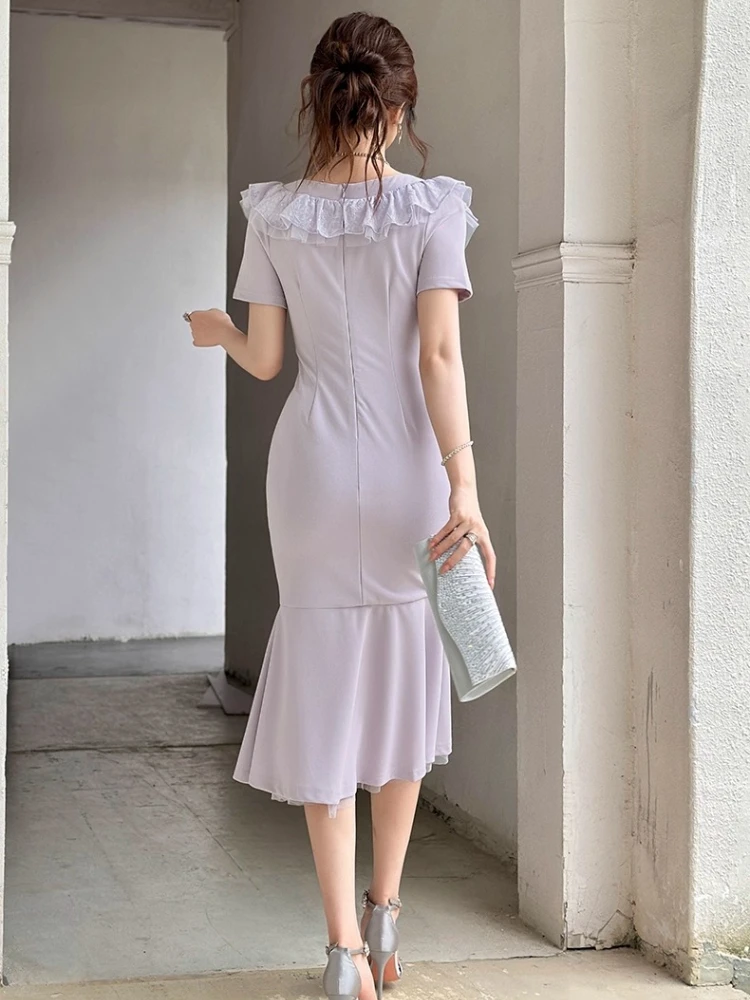 Französisches elegantes Fischschwanz-Bodycon-Kleid, Sommer, Rüschen, Rundhalsausschnitt, kurze Ärmel, hohe Taille, schlankes Schlitz-Temperament, langes Kleid für Damen