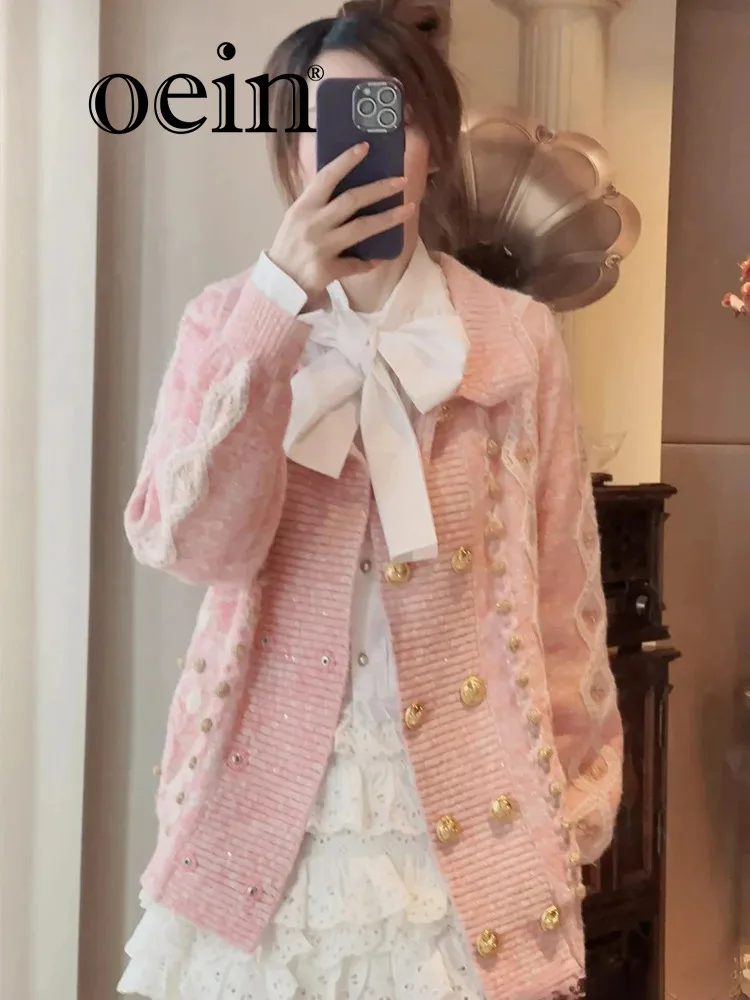 [oein] 2024 Autumn/winter New Style High-end Double Breasted Cardigan Knitted Jacket Women's Pink Long Sweater