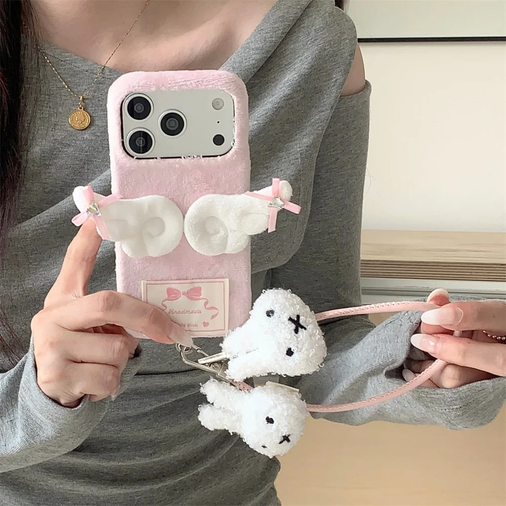 

Kawaii Plush Bunny Cute Angel Wings Phone Case for iPhone 14 15 Pro 13 12 17 Pro Max 16 17 Cover Cartoon Fundas Protection Cases