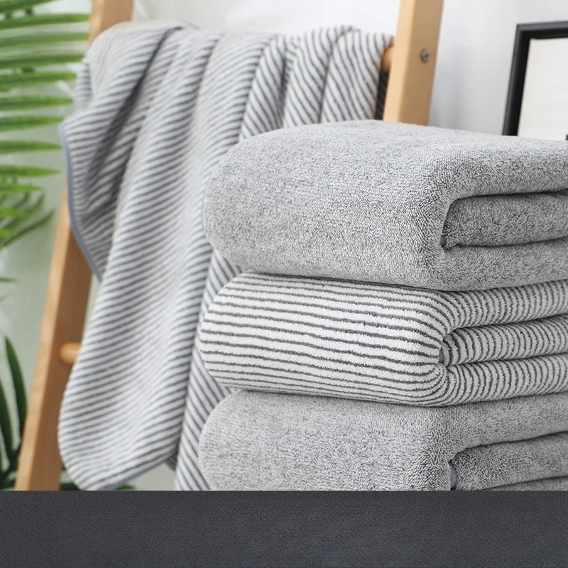 Antibacterial Coral Fleece Bamboo Charcoal Fiber Bath Towel Striped Beach Towel Super Absorbent Thick