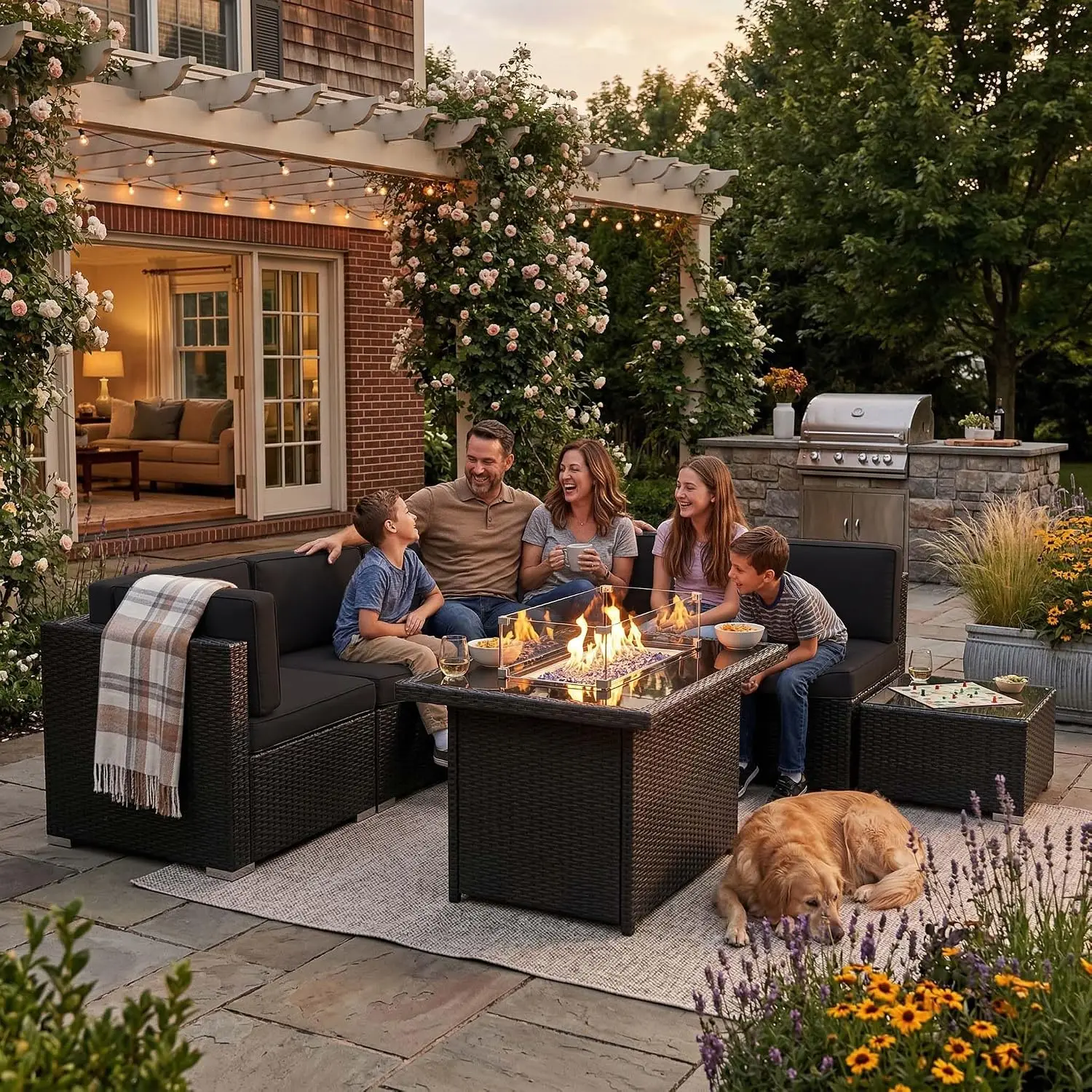 8-Piece Patio Wicker Sectional Sofa Set with 44" Propane Fire Pit Table & Coffee Table, Outdoor Furniture, Custom