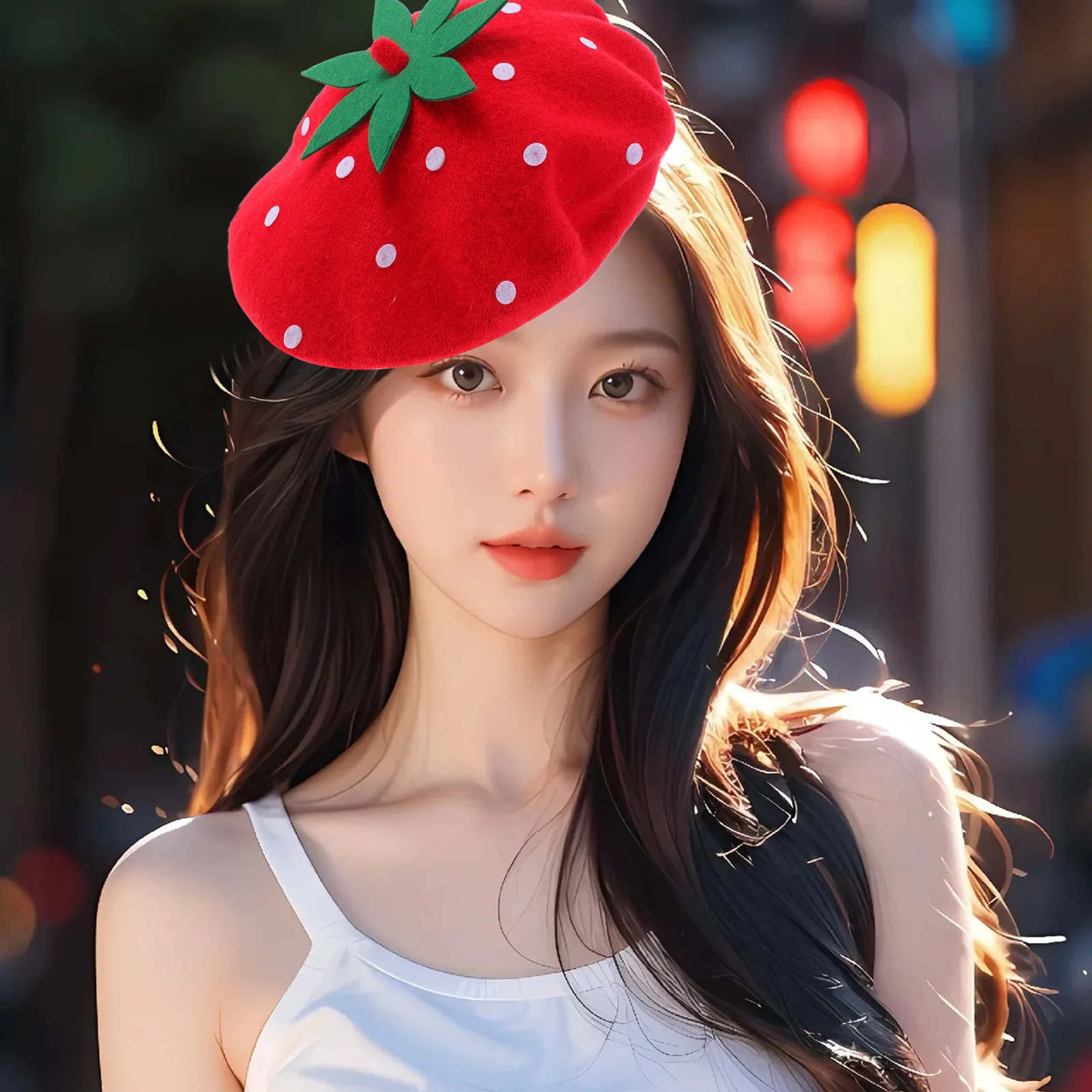 

Women Strawberry Headdress Cute Kawaii Party Hat Fashion Retro Wool Beret Warm Artist Cap Stylish Novelty Round Accessory
