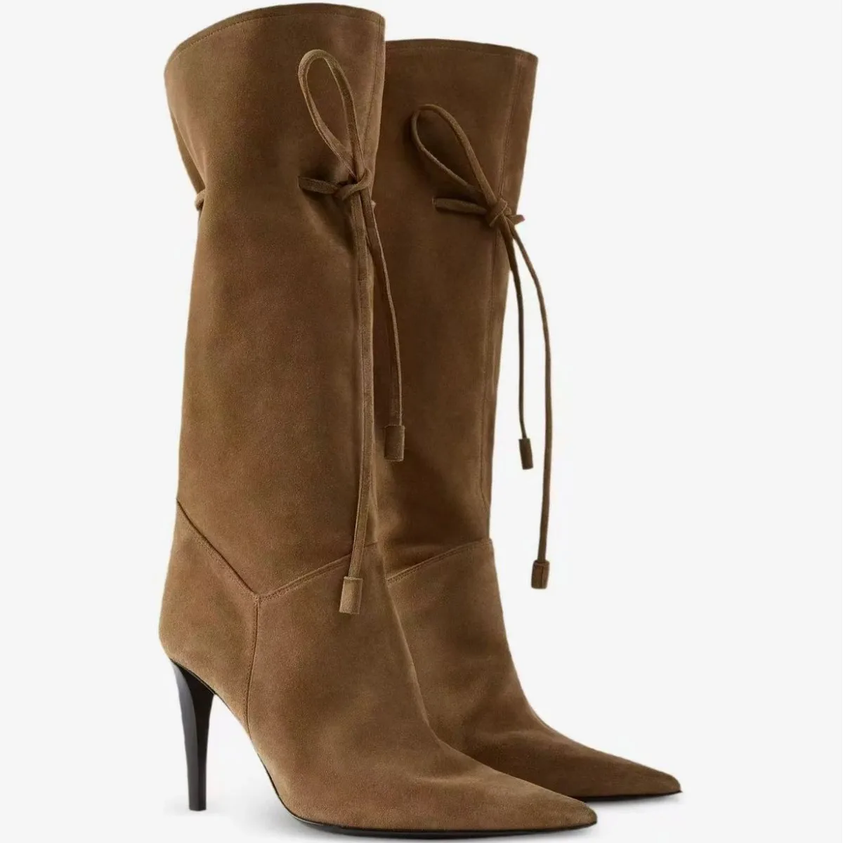 New Fall Winter Women Camel Suede Knee High Boots Stiletto High Heel Pointed Toe Back Lace Up Slouchy Elegant Fashion Long Boots