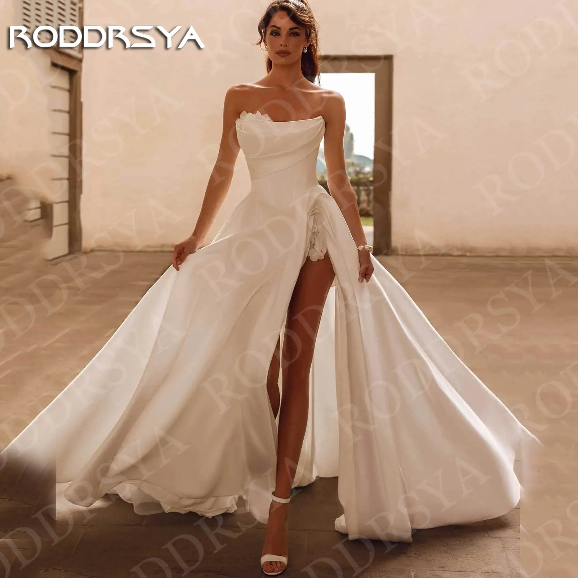 RODDRSYA Современные свадебные платья Атласные свадебные платья Сексуальное платье без бретелек с высоким разрезом A Line Bride Dress Woman Индивидуальное Современные свадебные платья сатиновые свадебные платья сексуал