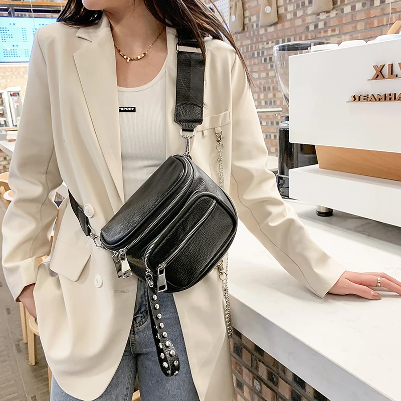 Luxury Multi-pocket 100% cowhide Crossbody Bags For Women Black Shoulder Messenger Handbags Small Chest Bag Travel Saddle bag