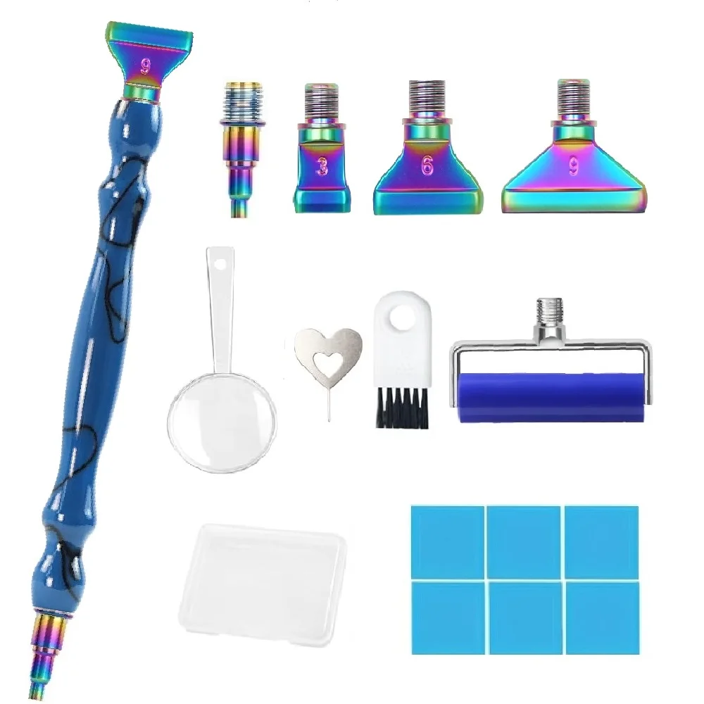 Resin diamond painting pen, diamond painting tool, with threaded stainless steel 1/3/6/9 tips, roller, and comes with multifunctional dotting tool accessories