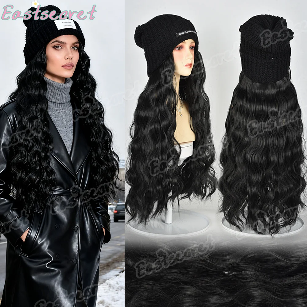 

EAST 22-дюймовый длинный вьющийся парик с волнистой шляпой, синтетический парик с эластичной вязаной шапкой-парик-шляпа для повседневного ношения