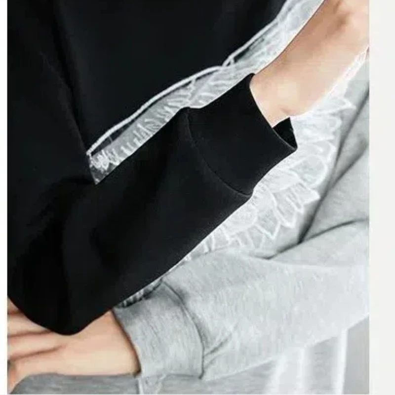 Korean Embroidered Lace Loose Women\'s 2024 Spring Autumn New Spliced Pullover O-Neck Minimalist Casual Long Sleeve Sweatshirts