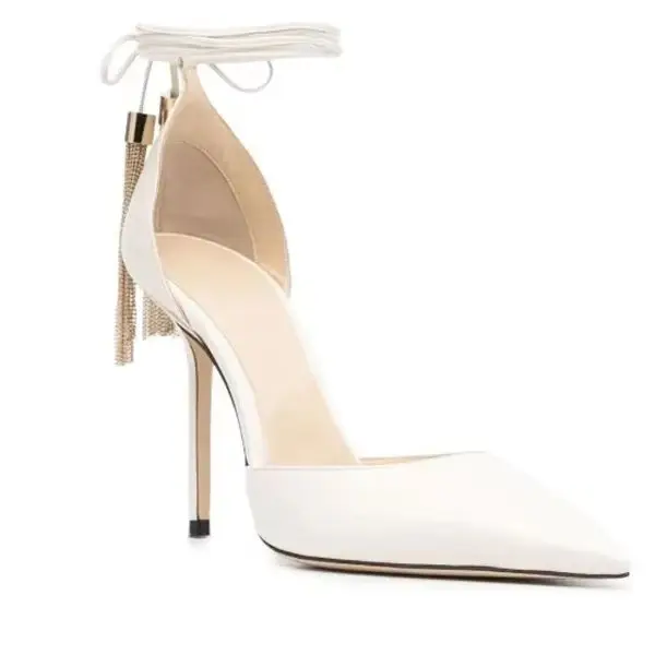 

2026 New Pointed Toe Women Sandals Catwalk Tassel Hanging Fringe Sexy High Heels Party Shiny Patent Leather Fashion Sandals