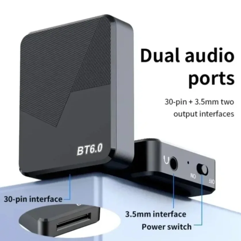 30Pin Dock Bluetooth Receiver 6.0 Audio Adapter Dual Output 3.5mm AUX HiFi Wireless Music Converter For Vintage Speaker Amp