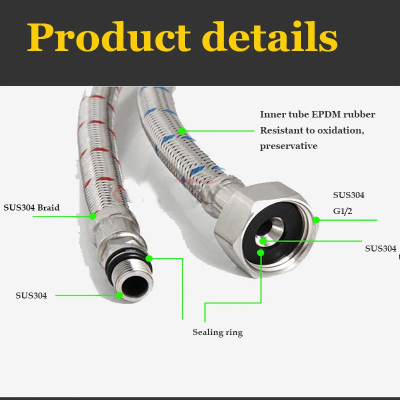 Faucet Hoses Cold Hot Mixer Faucet Stainless Steel Water Inlet Pipe G1/2 Caliber Hoses Length 60cm/100cm