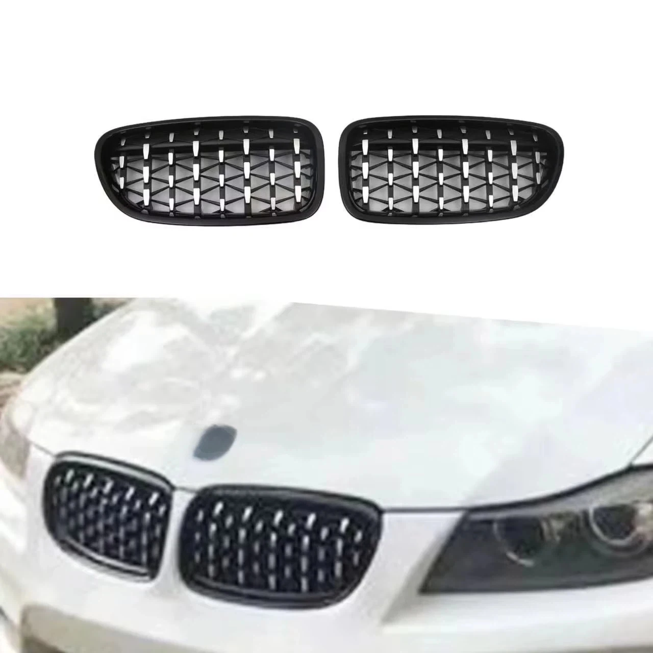 

Chromed Black Racing Grills Double Slat Sport Style Diamond Kidney Grille 51137201969 51137201970 for BMW 3 Series E90 E91 08-11