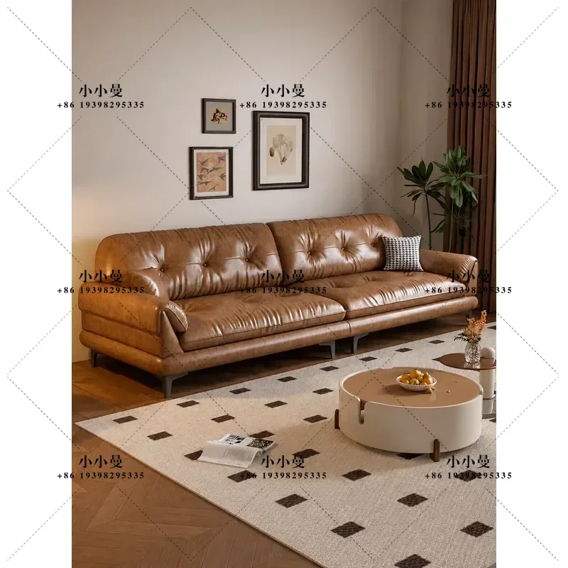 for Retro Style Oil Wax Leather Yunyu Sofa Minimalist Modern Living Room Small Apartment Medium Ancient Style Brown Straight