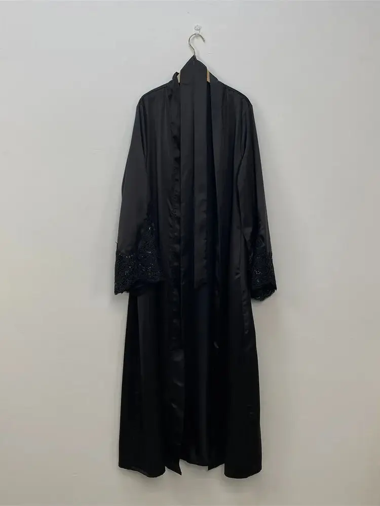 Mais recente renda bordado quimono muçulmano robe abaya syari feminino comprimento total muçulmano abaya serviço de adoração abayas com cinto wy1920