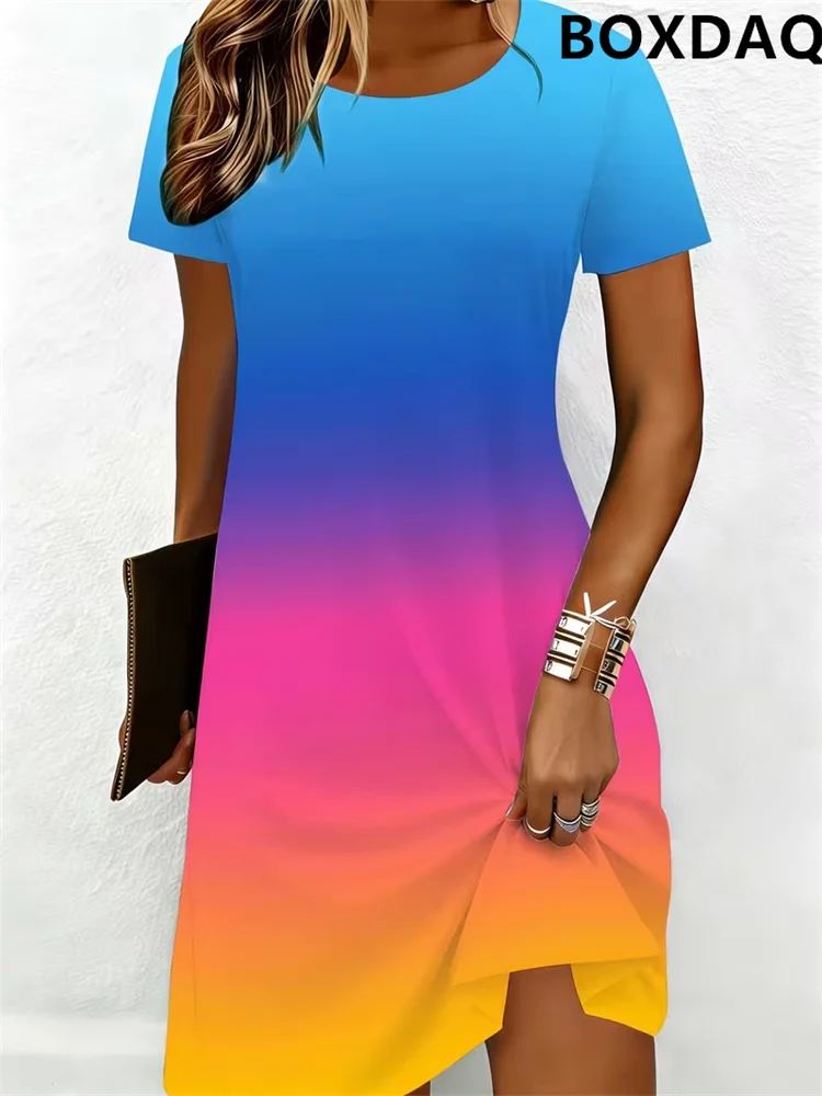 2026 Summer Women's Dresses Show Casual Women's Clothing Loose Round Neck Short Sleeve Gradient Printed Daily Comfortable Dress