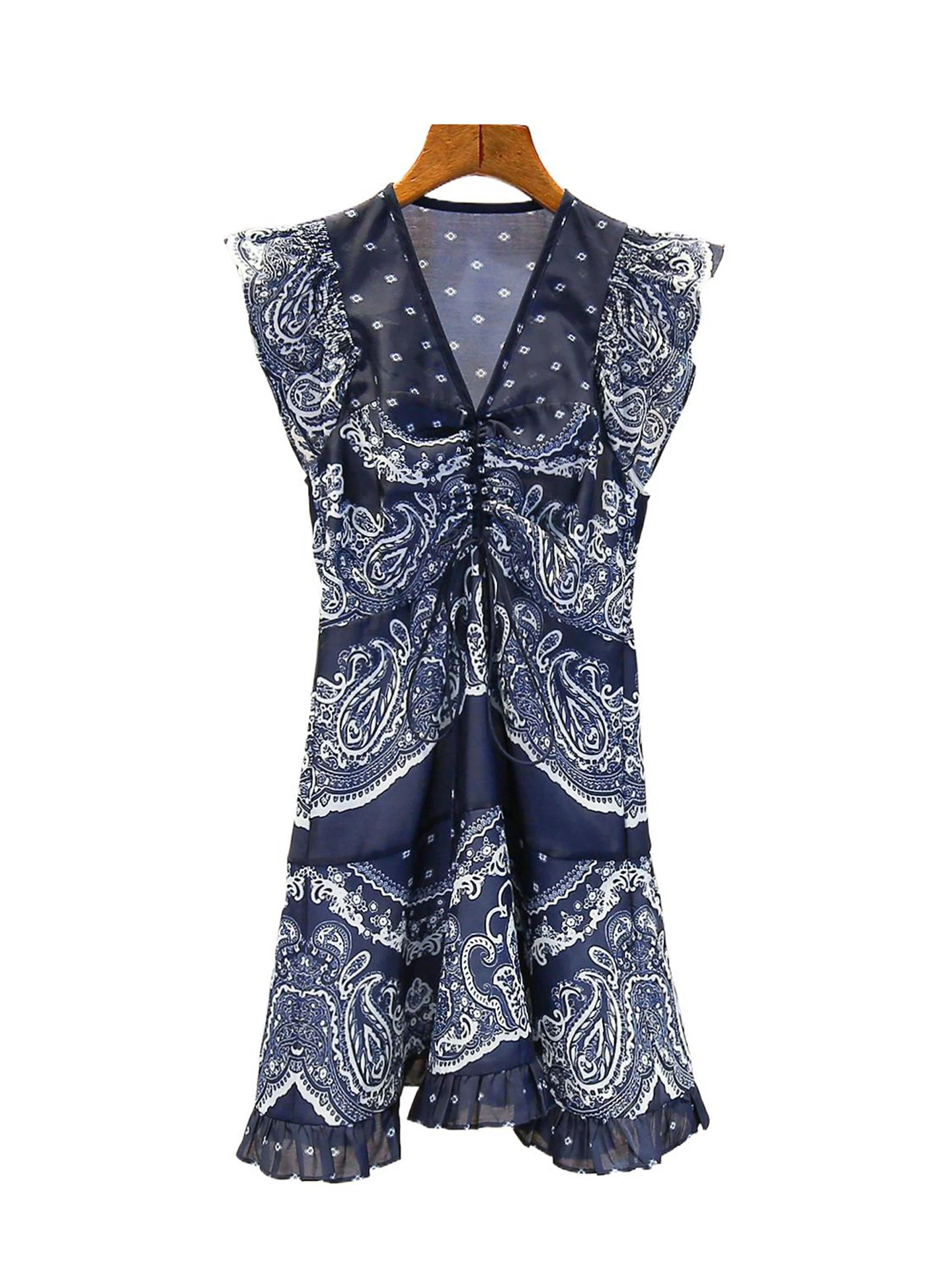 Vestido E com Decote em V e Estampa, com Barra em Camadas para Mulheres, Silhueta A-line de Cintura Alta, Estilo de Tr...