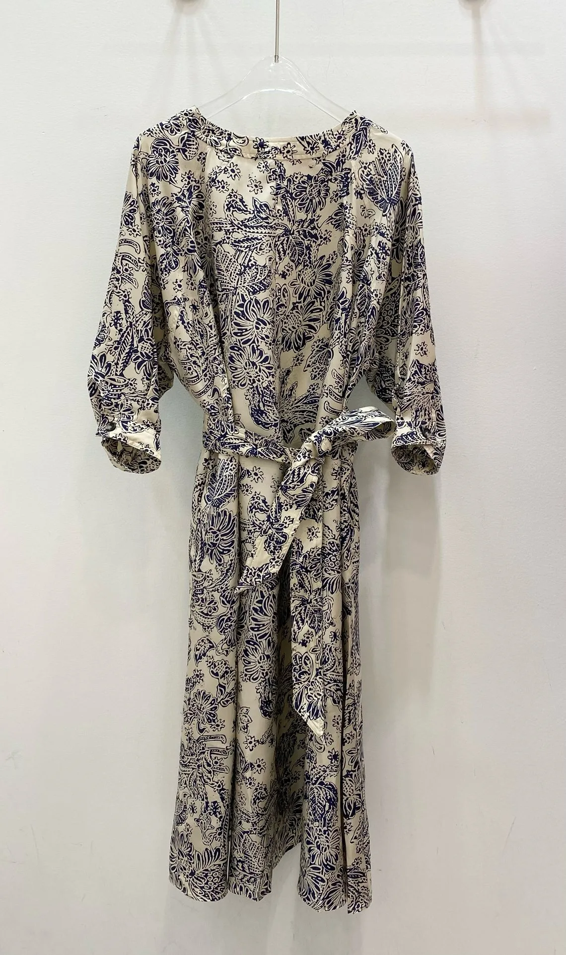 EVACANDIS 100% Real Silk Spring New Women Floral Printing Tunic Midi Dress With Belt O-Neck Half Sleeve Elegant Chic Vintage