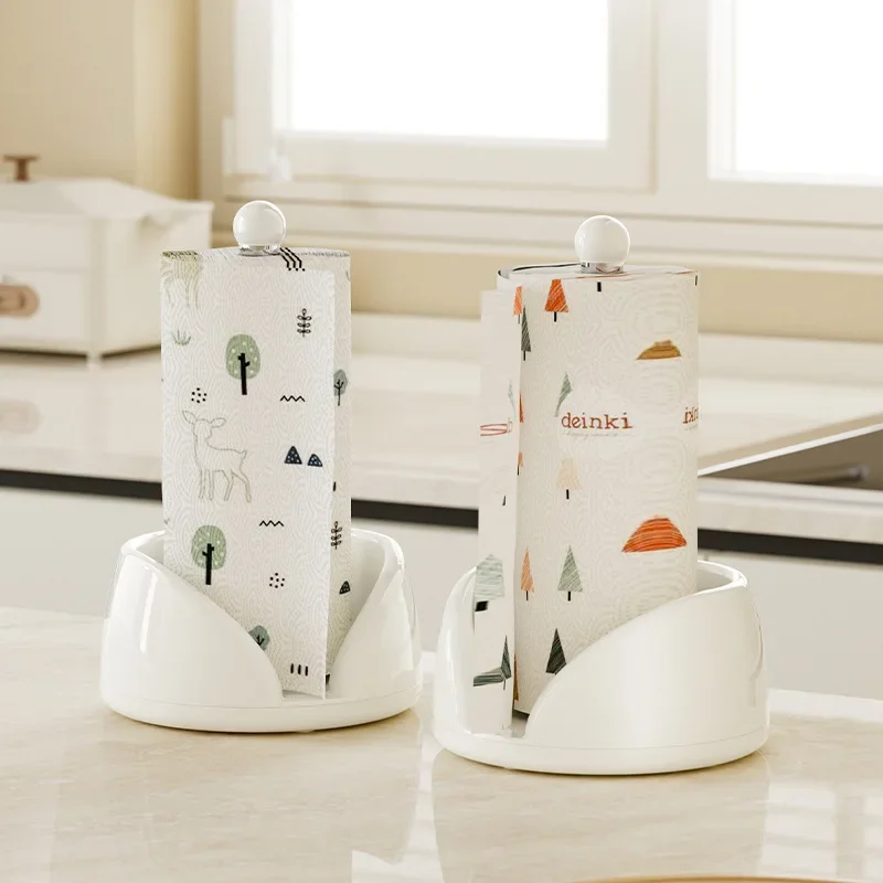 Kitchen Rotating Tissue Holder with ABS Base and 201 Stainless Steel Tube for Paper Towel Desktop Stand Cream White