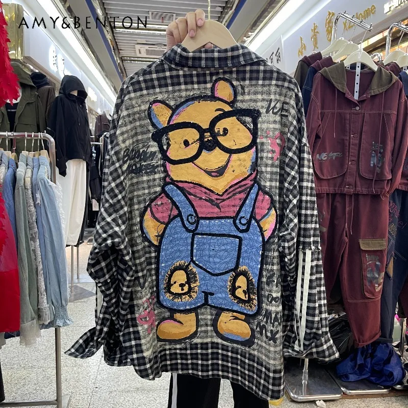 

Chic Single-Breasted Loose Mid-Length Oversized Plaid Cartoon Long Sleeves Top Shirt Ladies 2025 Autumn New Style Sweet Blouse