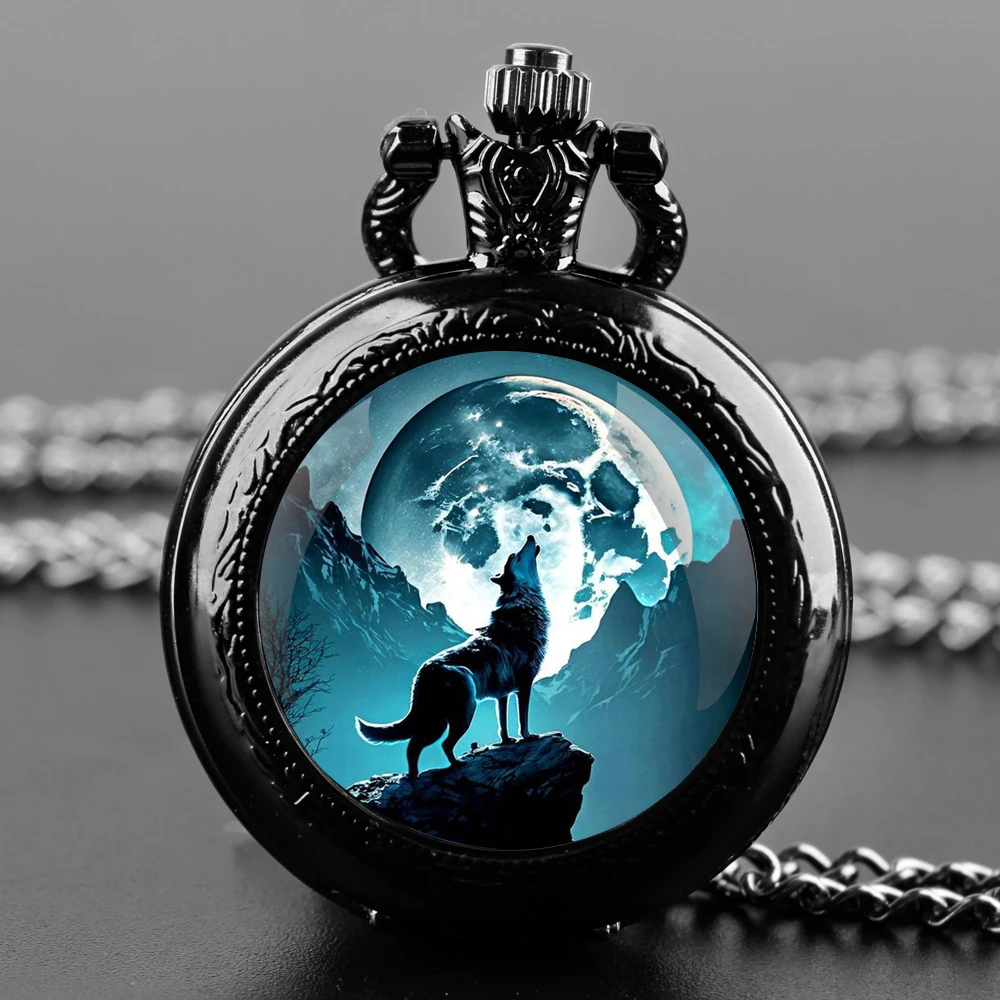 Howler Wolf Design Glass Dome Quartz Pocket Watch with Arabic Numeral Dial on Chain Ideal Present for Special Occasions