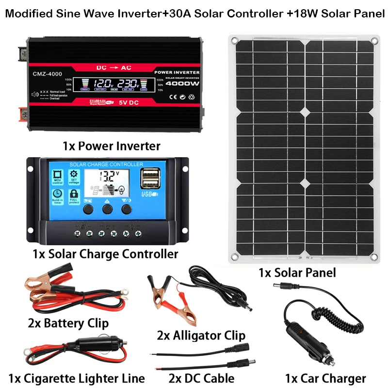 

110V/220V Solar Panel System 18W 18V Solar Panel+30A Charge Controller+4000W Modified Sine Wave Inverter Power Generation Kit