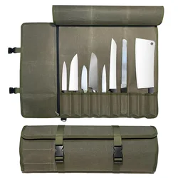 Knife Roll Bag Heavy Duty Convenient Storage Case Protection For Chefs Knives Stylish Military Green 10 Knife Slots Zipper Pocke