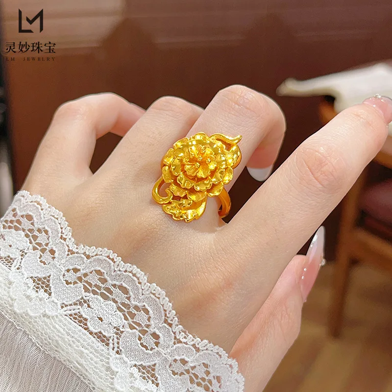 

Роскошные ювелирные изделия из настоящего золота 9999 24 карата, кольцо с цветком пиона, кольцо с цветком, свадебное кольцо, имитация трех золотых ювелирных изделий, подарок для подруги