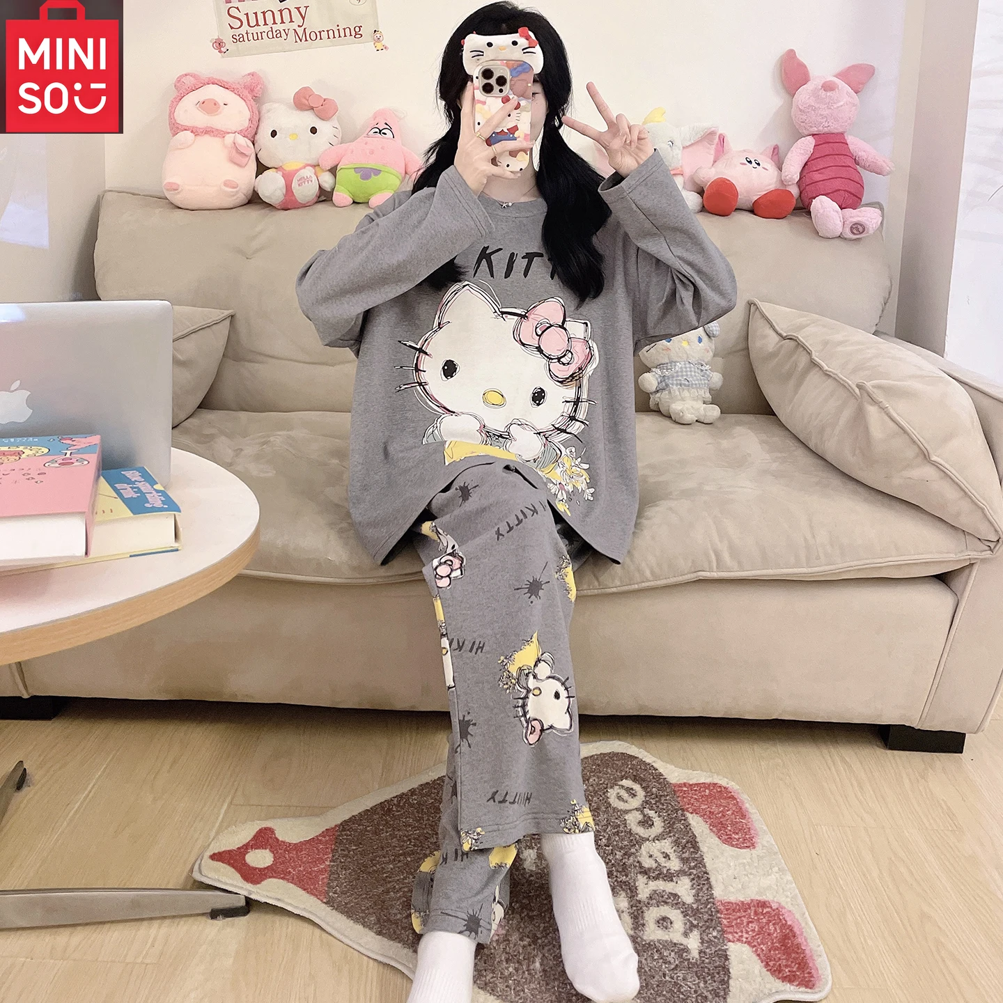 

MINISO Hello Kitty pajamas for women, pure cotton, long-sleeved, plus size for chubby girls, teenagers, students, home wear