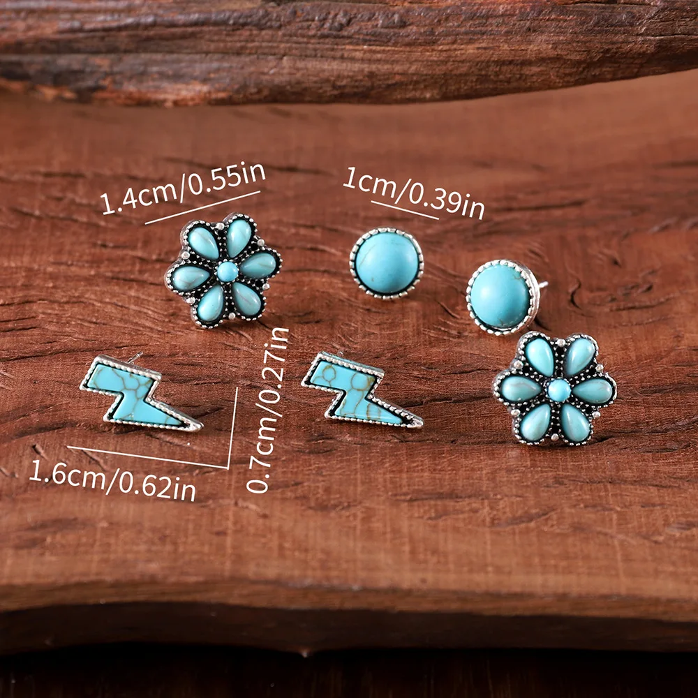 3-Pack Southwest Earrings -Navajo Style Lightning Bolt / Turquoise Flower Stud Earrings Set Wholesale - December Birthday Gift