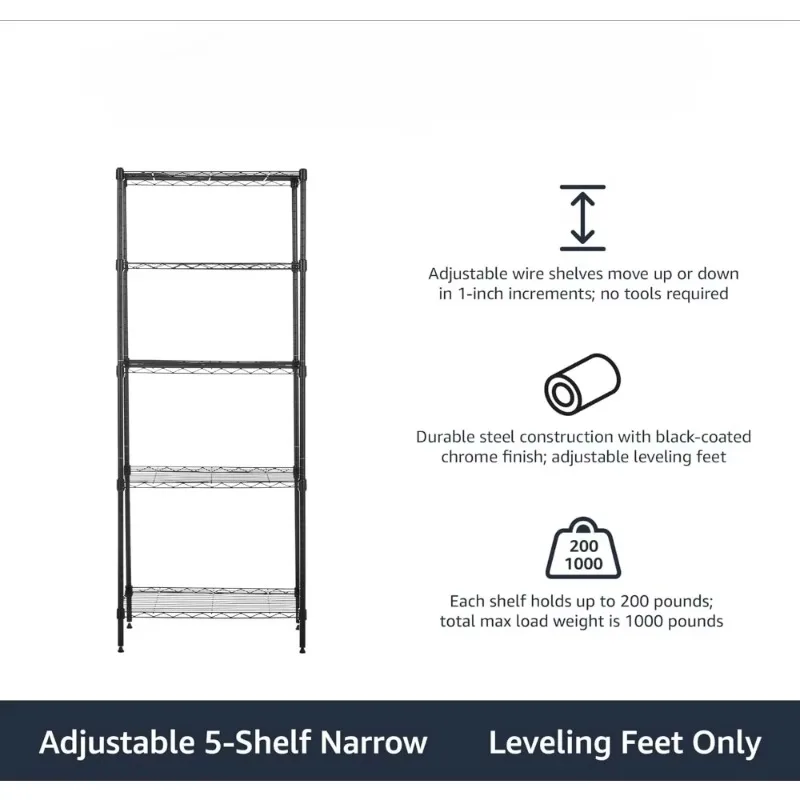 

5-Shelf Multipurpose Adjustable Sturdy Steel Storage Shelving Unit, Easy Assembly, 13.4" D x 23.2"W x 60"H, Black