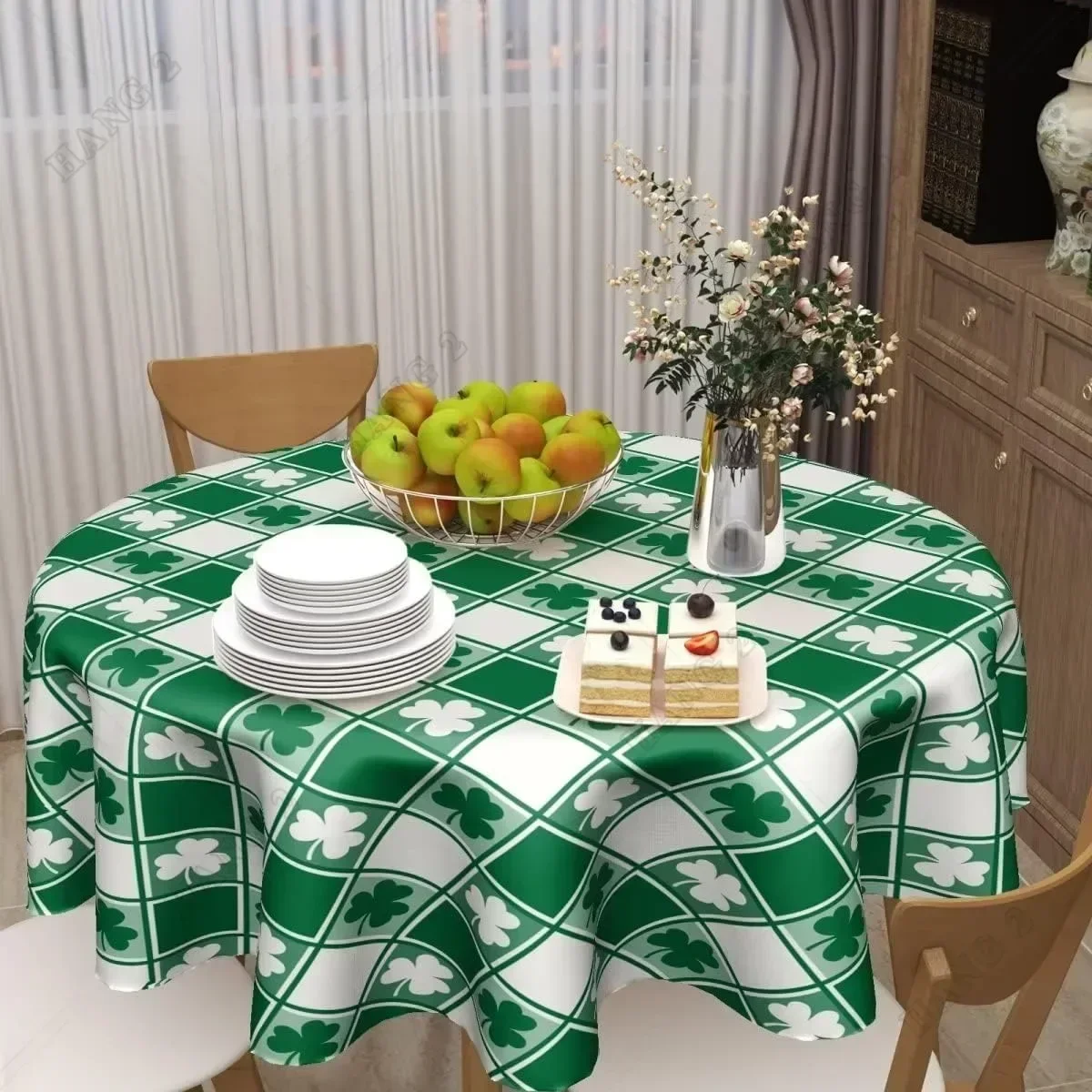 St. Patrick's Day Table Cloth Green and White Checkered Shamrock Round Fabric Tablecloth for Parties Dinning Room Kitchen