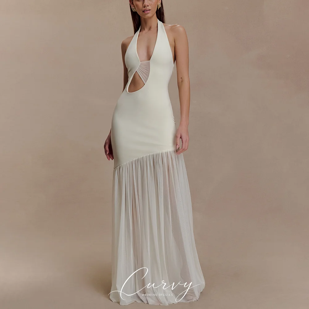 

Curvy Edgy Ethereal White Bridal Gown for Women Halter Deep V Neck Cutout Detail with Asymmetrical Mesh Skirt Customized