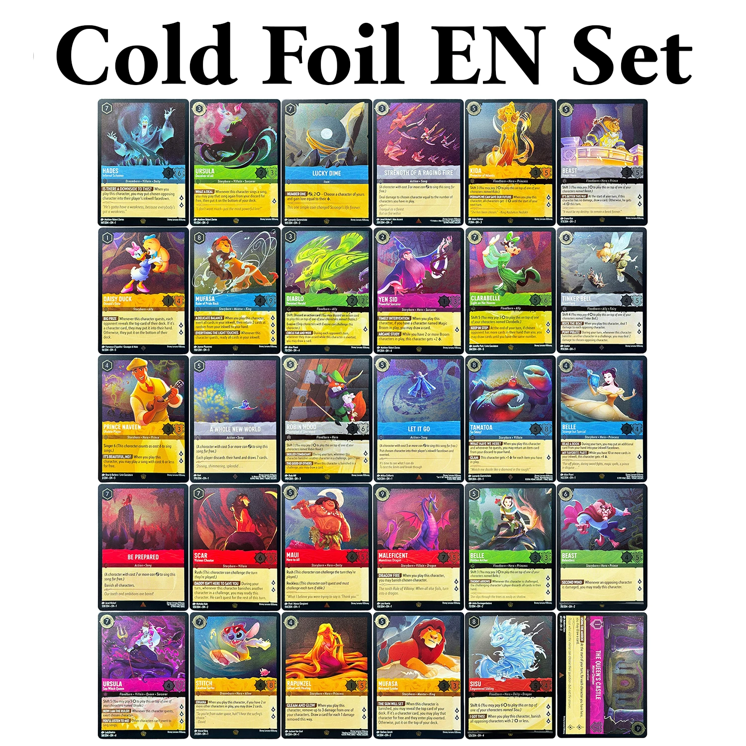 

Весь набор холодной фольги Lorcana (30 шт./компл.) английская версия TCG Stitch Tinker Bell Rapunzel Belle Ursula Proxy коллекционные игровые карты