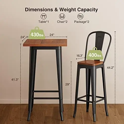 Bar Table and Chairs Set, 2-Piece, Elm Wood with Metal Frame, for Bar, Bistro, Small Space